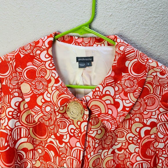 Vintage Anthracite orange white tan circle print LINEN blazer Woven buttons 6/S - Picture 5 of 16